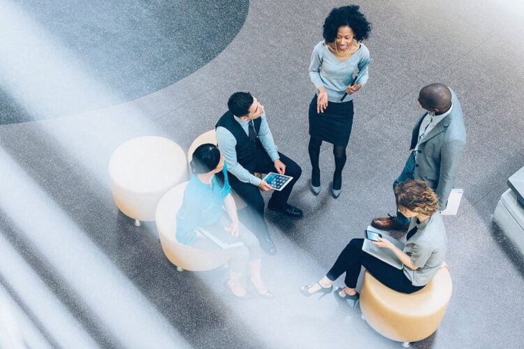Overhead view of business people in a meeting