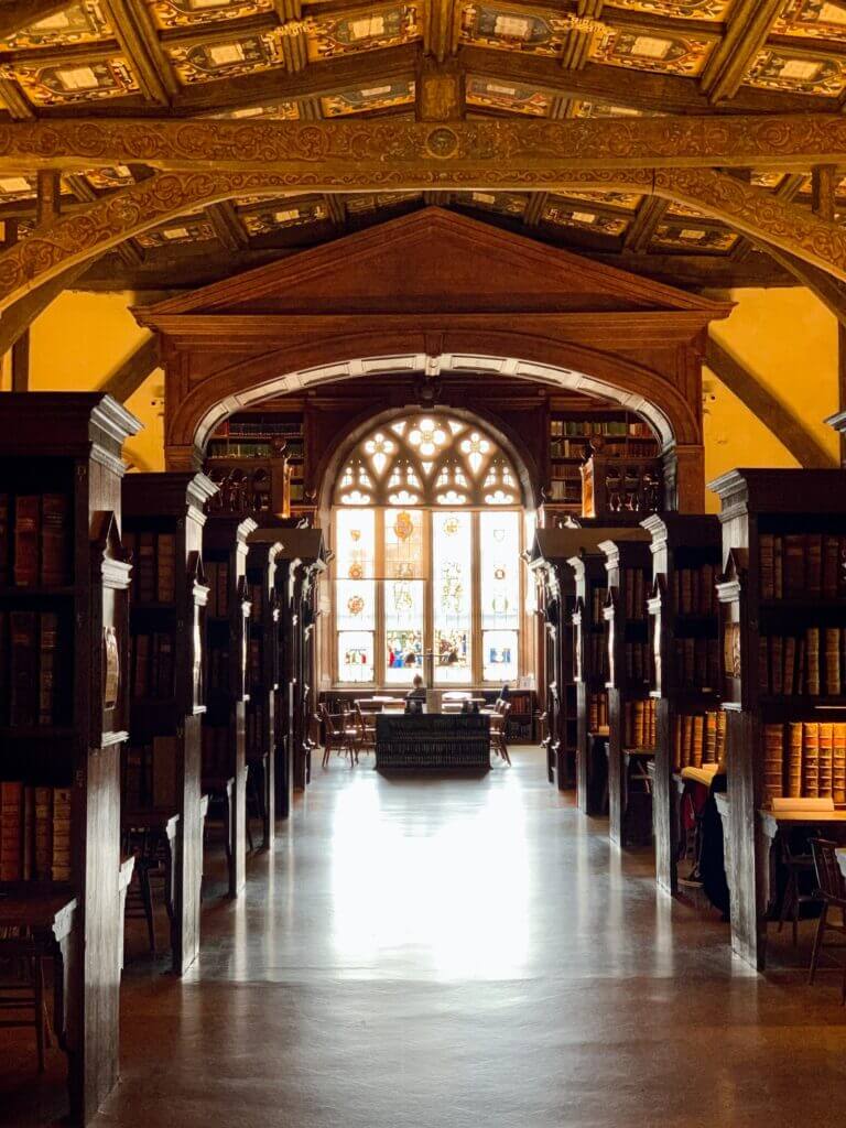 Inside duke humfrey's library, the oldest reading room in the bodleian library at the university of oxford, and one of the locations used in the harry potter films
