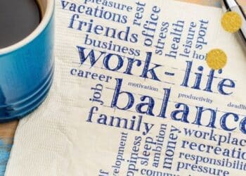 Coffee on table with work life balance written on a paper