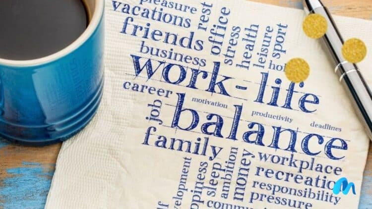 Coffee on table with work life balance written on a paper